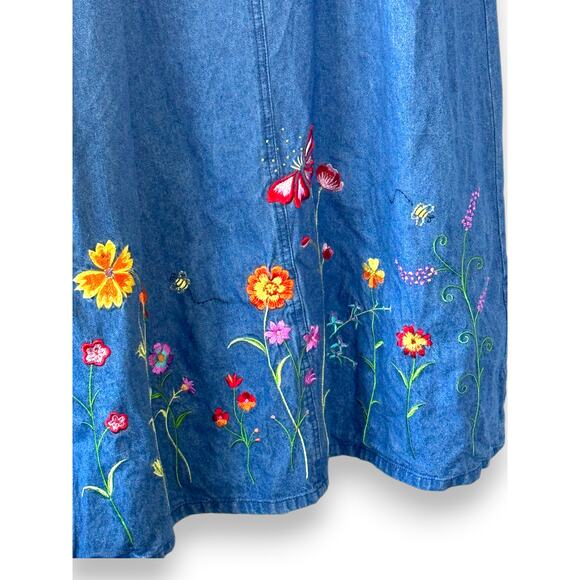 Vintage Quacker Factory Denim Jumper Dress Floral Embroidery Bee Size 12 Maxi - Picture 6 of 10